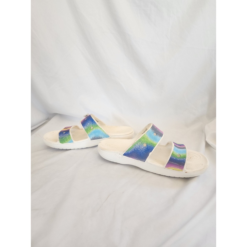 Crocs Classic Sandal Rainbow Glitter Slides Womens 10 Mens 8 White Multi Color - Picture 7 of 9